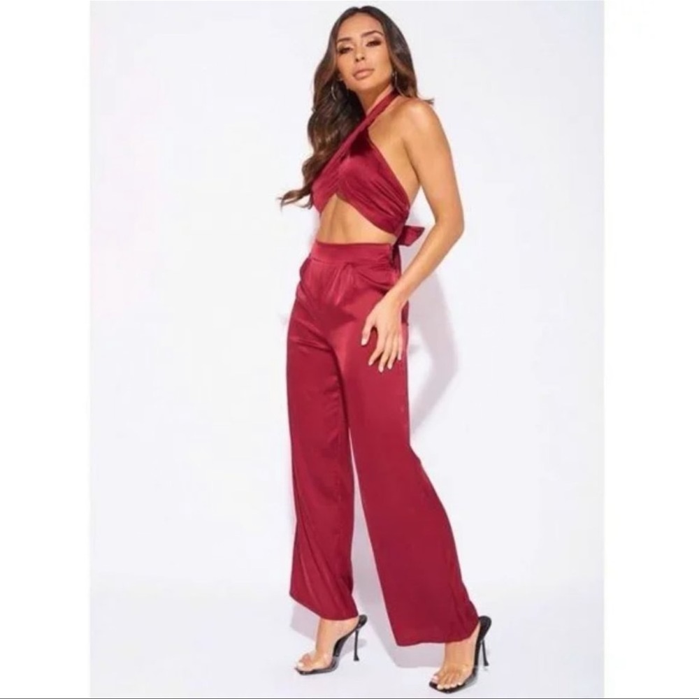 Burgundy Satin Halter Neck Crop Top and High Waist Wide Leg Pants Two Piece Set
